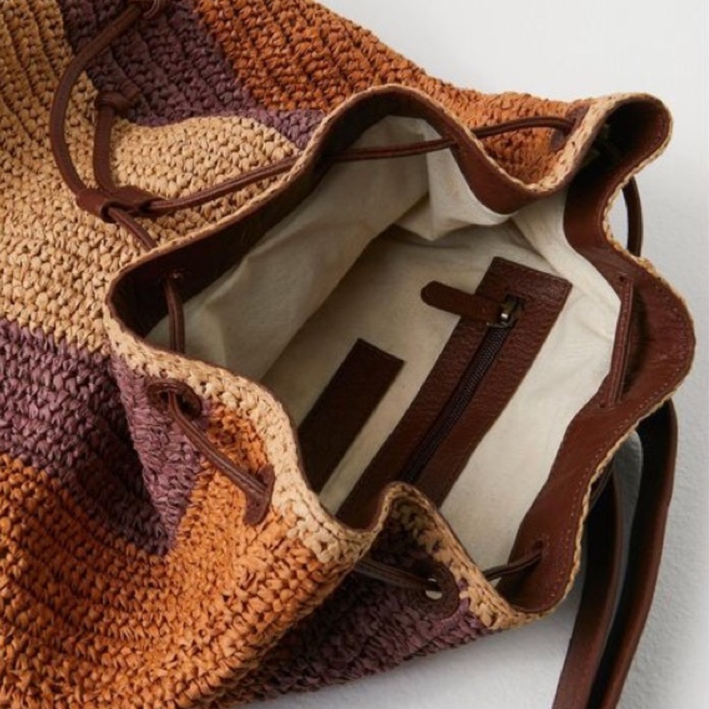 Free People Raffia Drawstring Backpack - Brown, Tan, Purple - Picture 8 of 11
